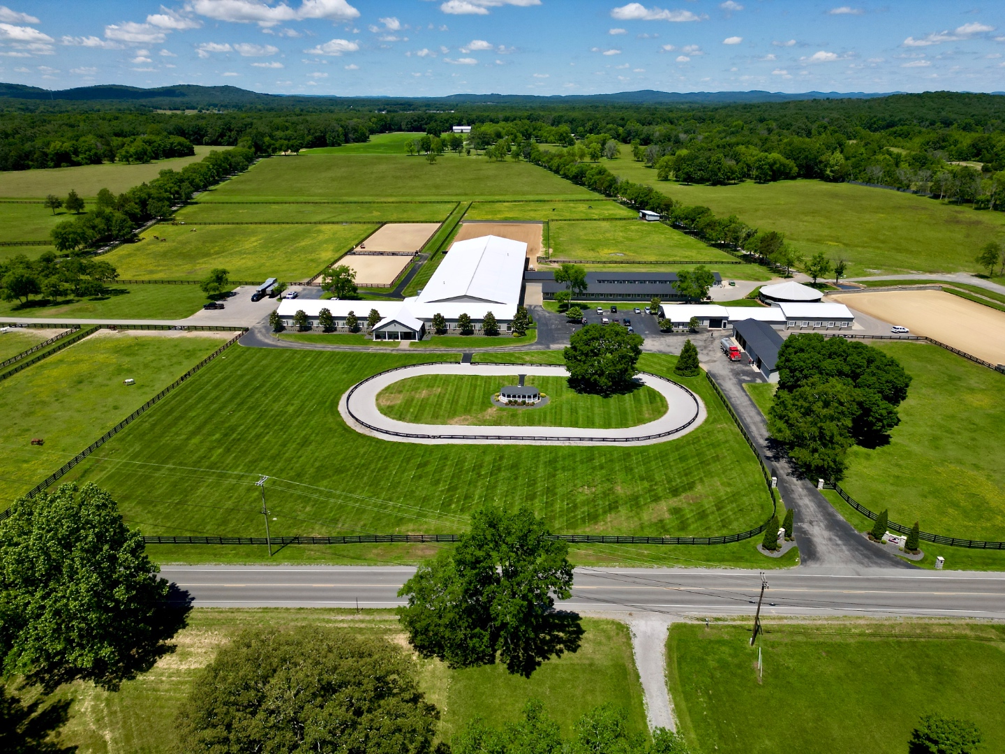 Aerial panorama of Middle Tennessee estate property with fenced pastures